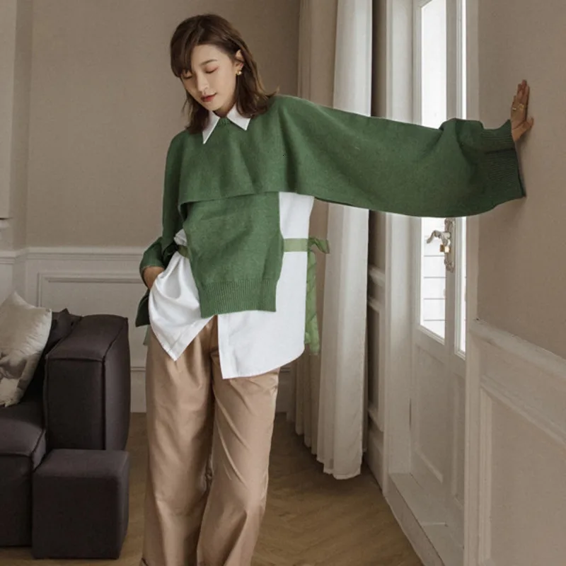 LANMREM 2020 Original Two-piece Hooded Vest Sweater Tied Bandwidth Loose Long Sleeves Outside Sweaters Women 19B-a220 | Женская одежда