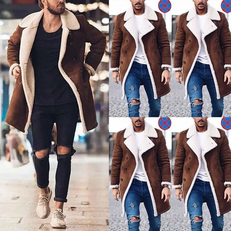 Winter Faux Fur Jacket Mens 4XL Suede Jackets Men Faux Fur Thick Warm Lambswool Suede Jacket  Long Thicken Parka Lot