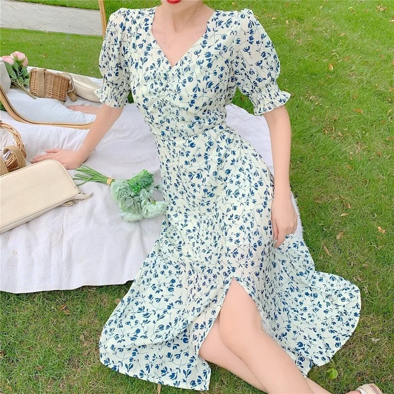 

GOOHOJIO 2021 Summer New Temperament Floral Women Dresses V Neck Short Sleeve Dress for Women Puff Sleeve Vacation Ladies Dress