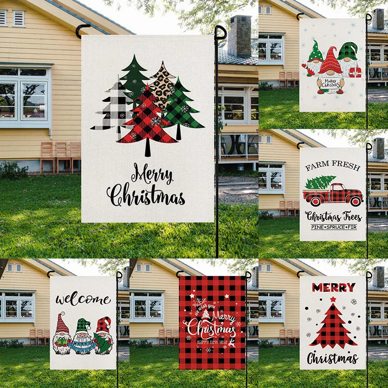

2021 Christmas Garden Flag Xmas Plaid Printing Outdoor Courtyard Decoration Small Flag Red Cartoon Santa Claus Decoration Flag