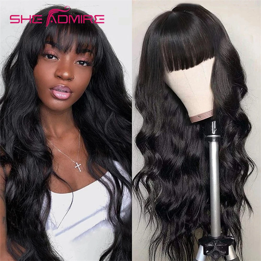 Human Hair Wigs With Bangs Long Brazilian Body Wave Wig She Admire Full Machine Made Wig With Bang Remy Hair Wig For Black Women