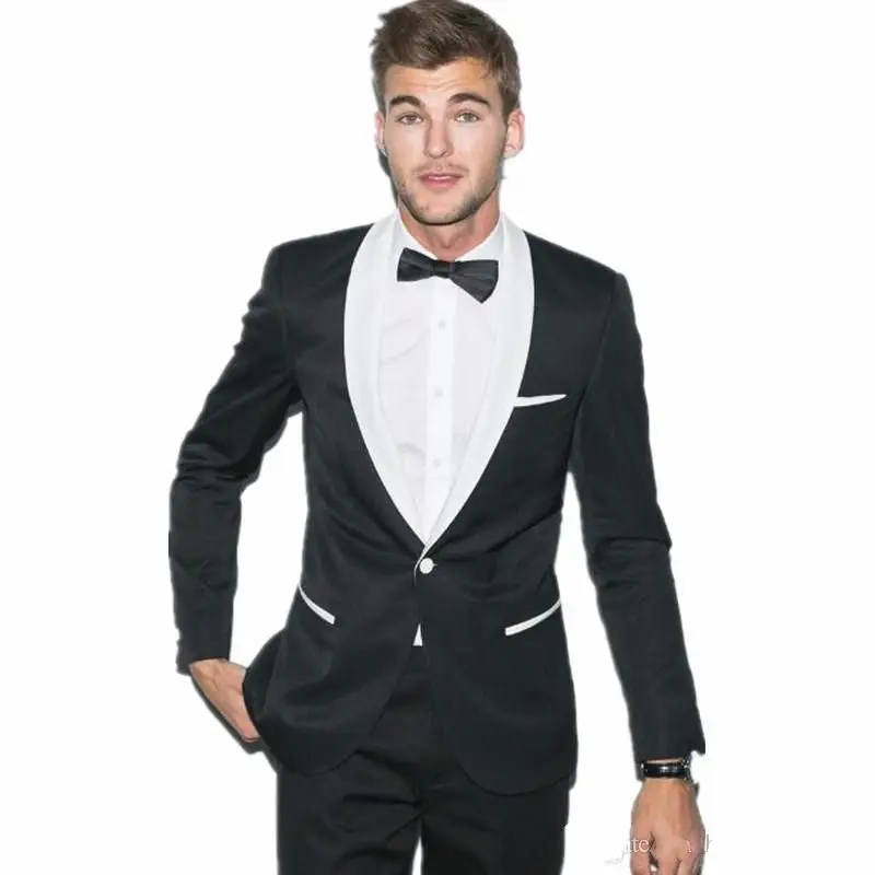 

New Fashion One Button Black Groom Tuxedos Groomsmen Shawl Lapel Best Man Blazer Mens Wedding Suits (Jacket+Pants+BowTie)