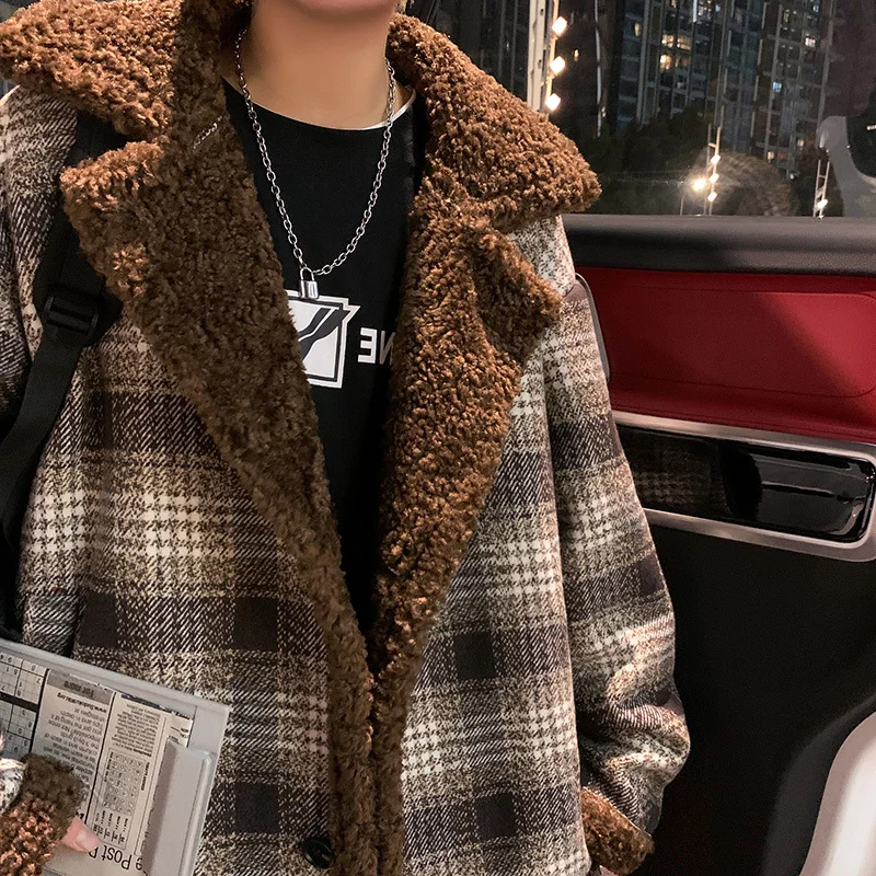 Winter Thick Lamb Fur Jacket Men Warm Fashion Casual Retro Plaid Coat Men Korean Loose Short Coat Mens Jackets Outerwear M-3XL