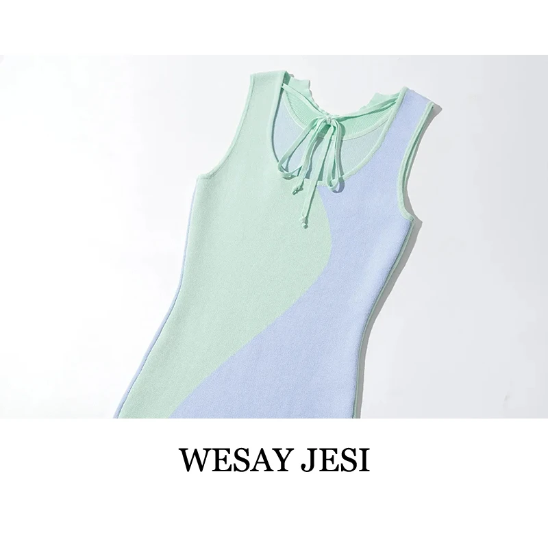 

WESAY JESI Fashion Summer Dresses For Women 2021 Vintage Bodycon Dress Woman Knitted Tank Splicing Color Sexy Sleeveless Female