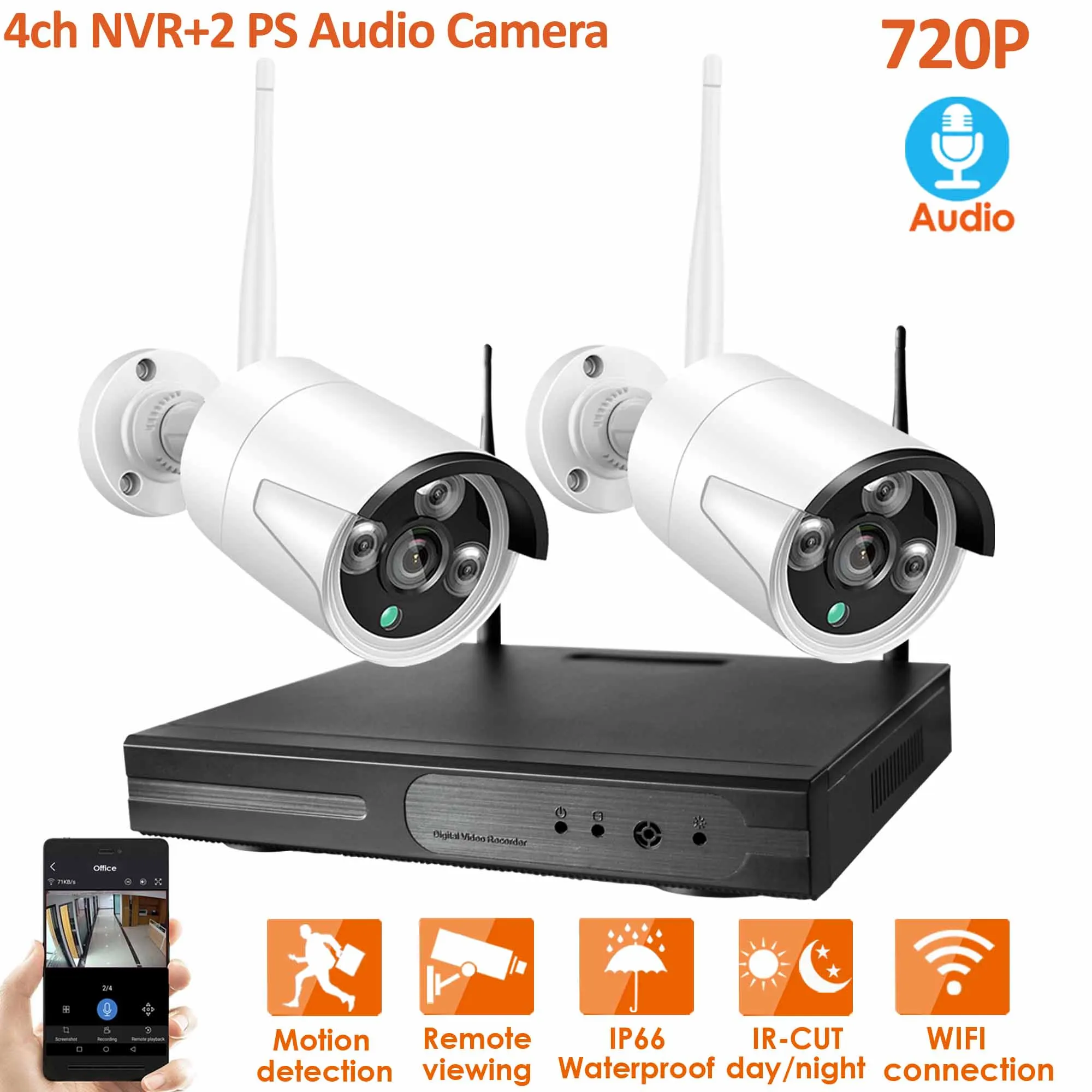 PlugandPlay 4CH 1080P Аудио Беспроводной NVR комплект P2P 720P Крытый Открытый ИК ночного видения безопасности 1.0MP IP камера wifi CCTV системы - Цвет: 720P4CHNVR-2pc IPC