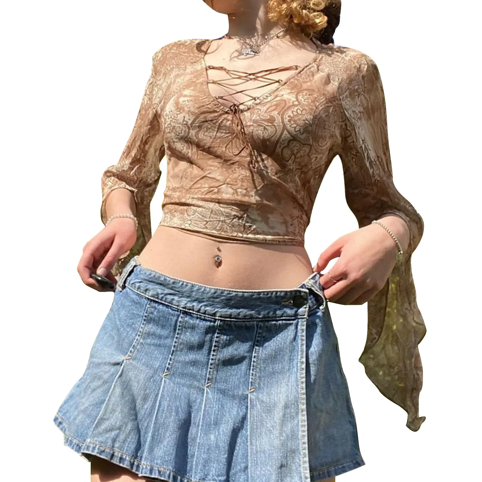 

Women\u2019s Casual Split Mesh Yarn Printing T-shirt Fashion Long Sleeve Tie-up Exposed Navel Tops