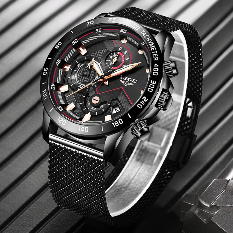 Новинка 2019 LIGE черные повседневные с сетчатым ремешком модные кварцевые золотые