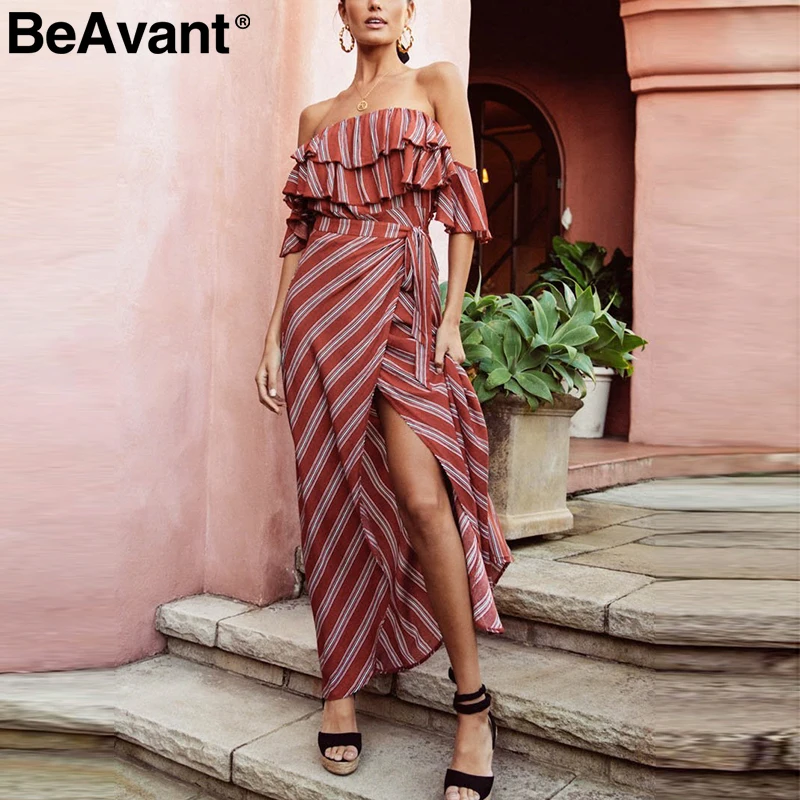 Женское платье в полоску BeAvant длинное льняное с оборками и открытой спиной на