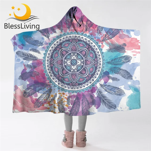 BlessLiving Psychedelic Hooded Blanket Bohemia Mandala Sherpa Fleece Throw Blanket Watercolor Hippy Adults Kids Wearable Blanket 1