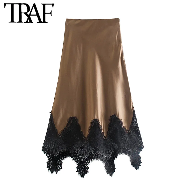 

TRAF Women Fashion With Contrast Lace Soft Touch Midi Skirt Vintage High Waist Side Zipper Female Skirts Mujer