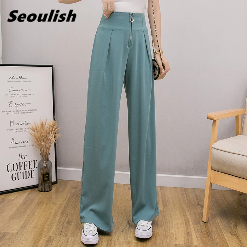

Spring 2020 New Korean Style Zipper Women's Formal Wide Leg Pants High Waist Elegant Office Lady Casual Loose Long Pants