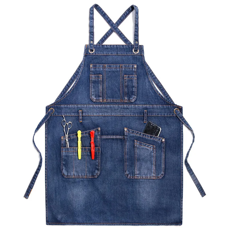

Cowboy Solid Denim Pocket Hairdresser Apron Cooking Coffee Pinafore House Cleaning Canvas Master Apron For Kitchen Accessories