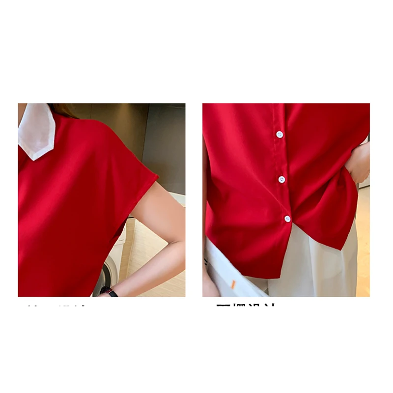 

Red Shirt Women Office Lady Chiffon Blouses Button Open Stitch New 2021 Summer Tops Short Sleeve Korean Clothes Chemisier Femme