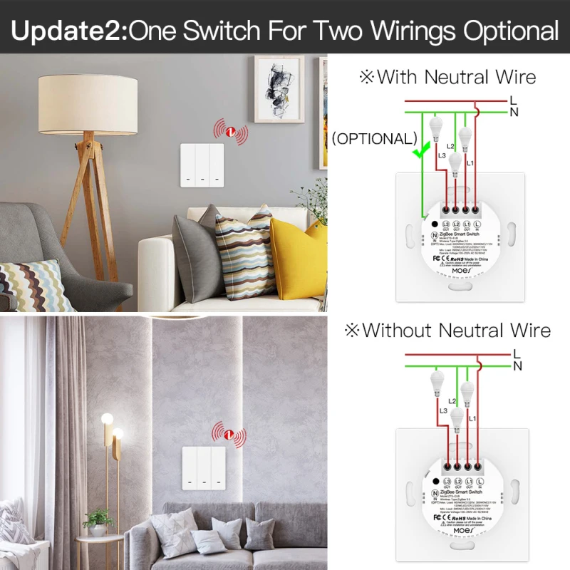Настенный выключатель Tuya ZigBee Smart Wireless Key Light Zero Line Fire Wire с/без нейтральных