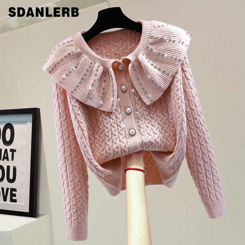 

Exquisite Rhinestone Long Sleeve Sweater 2021 Autumn Winter Slimming Solid Color Twist Doll Collar Casual Cardigan Coat