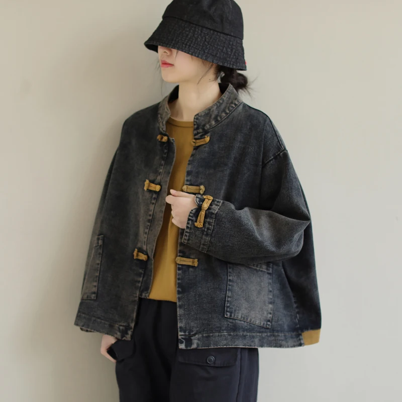 

Retro Loose Artistic Long Sleeve Short Coat Spring New Worn Looking Washed-out Brushed White Buckle Denim Top