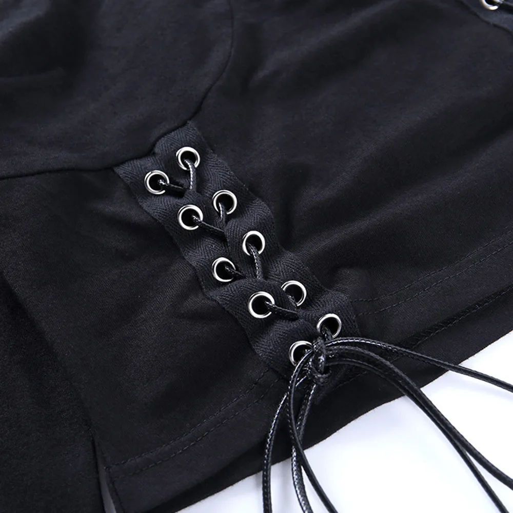 

Women T Shirt 2021 Gothic Pentagram Sexy Hollow Crop Tops Autumn Goth Girl Lace Up Slim Street Black Tshirts Halloween