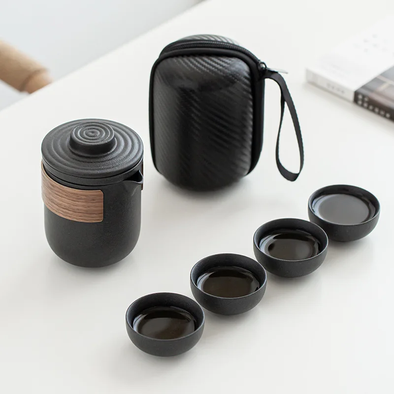 

Black Chinese Retro Ceramic Porcelain Kung Fu Tea Set Teaware Tea Pot and Cup Set Travel Tea Set Portable One Pot and Four Cups