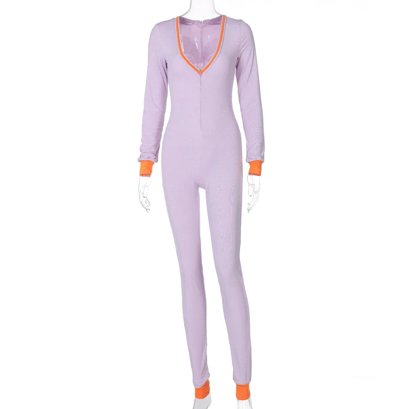 

Baldauren Ribbed Knitted Stripe Patchwork Women V Neck Long Sleeve Jumpsuit Skinny Streetwear Casual Sporty 2021 Spring Summer