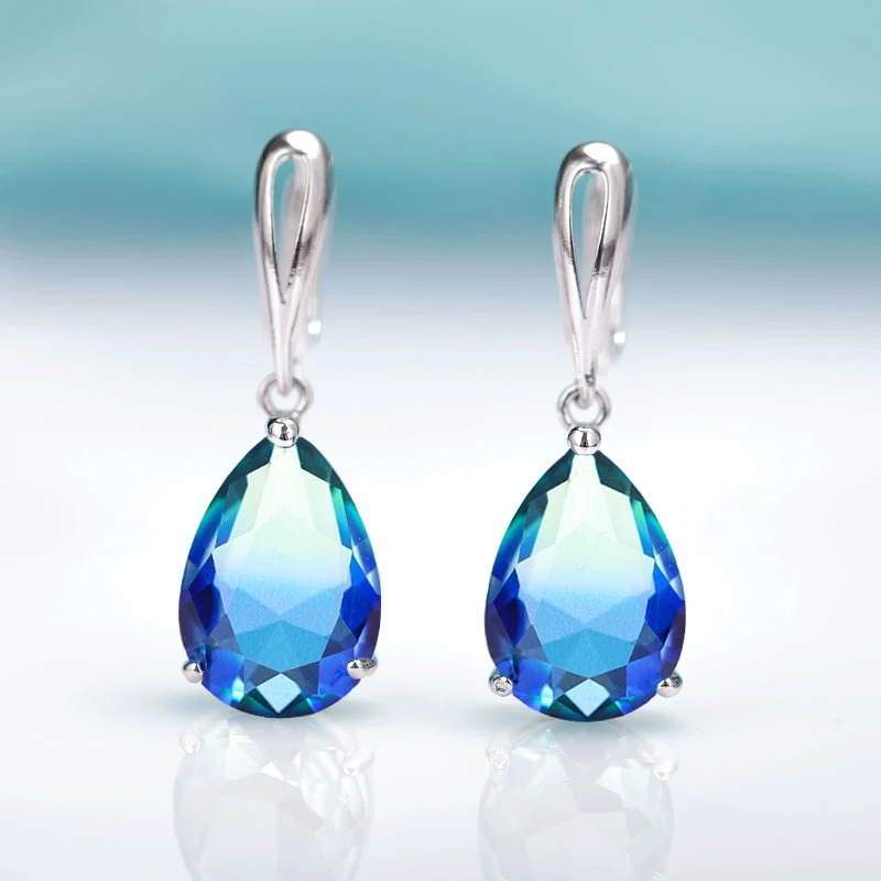 silver green blue MAIKALE New Water Drop Gradient Blue Long Earrings Women Fashion Rose Gold Fine Jewelry Tourmaline Zircon Glass Dangle Earrings - Окраска металла: silver green blue