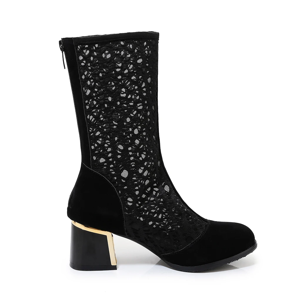 

Women's Mesh Ankle Boots Woman Summer Shoes Sexy Black Round Toe Zipper Boots Square Heel Short Booties Ladies Zapatos de Mujer