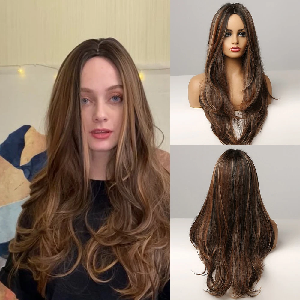 

Long Wavy Brown Synthetic Wigs With Blonde Highlights Cosplay Wigs for Afro Women Middle Part Heat Resistant Natural Hair Wigs