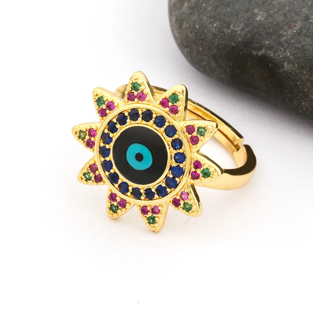 

2020 Hot Sale Evil Eye Rings For Women Lady Jewelry Copper CZ Adjustable Sunflower Finger Rainbow Ring Best Party Wedding Gift