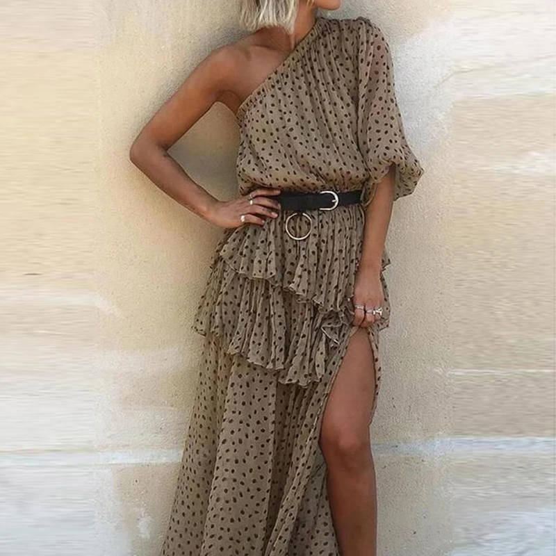 

Chiffon Beach Dress Women Summer 2021 Sexy Off Shoulder Irregular Party Dress High Waist Short Sleeve Ruffle Maxi Long Dress