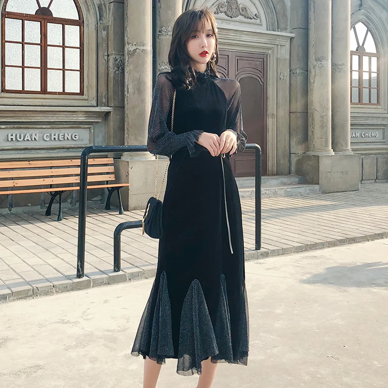 Женские черные вечерние платья Новая Осенняя мода английский стиль лоскутное