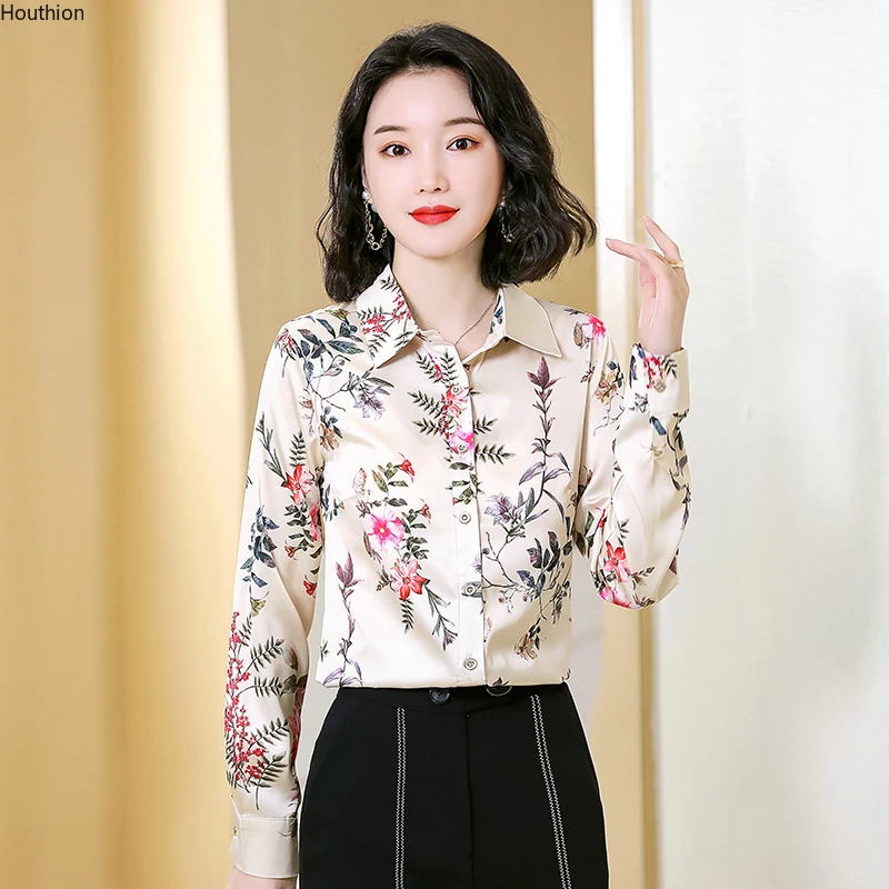 

Silk Women's Blouse Polo Girl's Shirt Summer Fashion Long Sleeve Top Print Loose Casual Retro Female Clothing Houthion