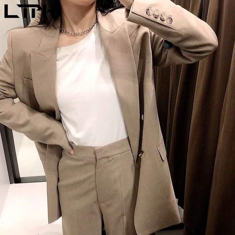 LTPH-traje minimalista Neutral para mujer, conjunto de 2 piezas, Blazer de longitud media holgado, conjuntos de pantalones de cintura alta vintage, primavera 2021
