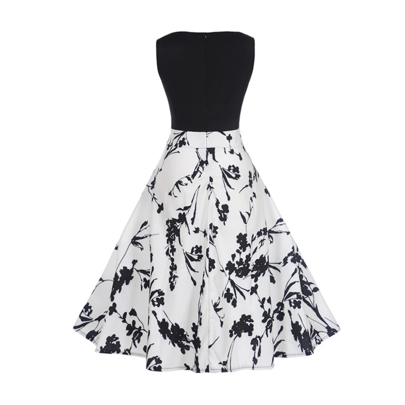 Женское винтажное платье без рукавов Черное вечернее с круглым вырезом и принтом