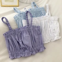 oumea women shirring crop tops elastic strappy casual tops solid color korean style underwear tops sleeveless cute going out top