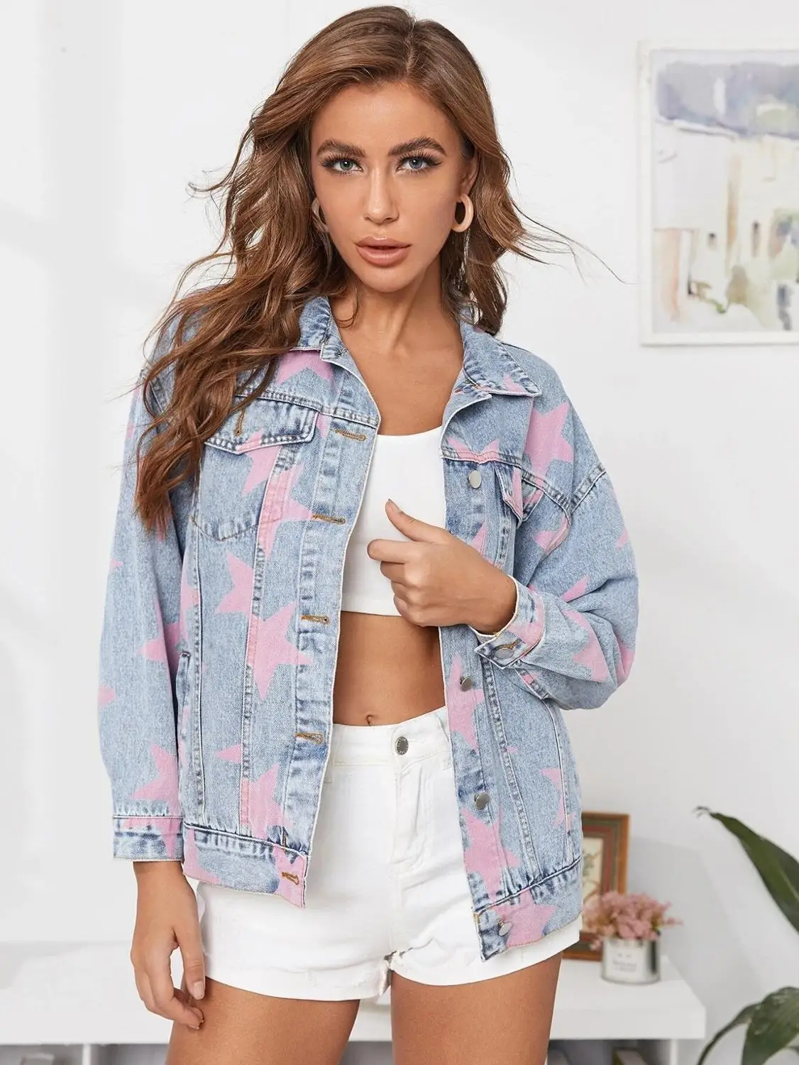 

Fashion Long Sleeve Pink Star Ladies Denim Jackets 2021 Fall Autumn Spring Women Cotton Jackets Casual Blue Jeans Jacket Famale