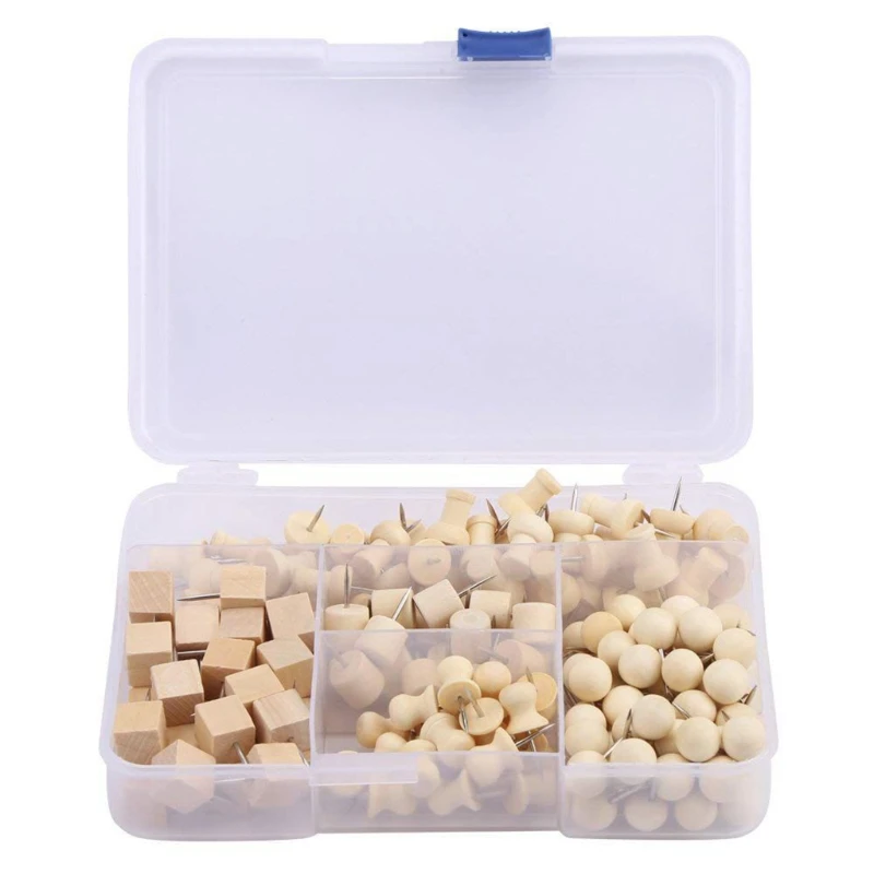 

2021 New 180 Pcs/Pack Multi-purpsoe Decorative Wooden Pushpins Set Classic Wooden Thumb Tacks Set Box Sealed for bulletin Boards