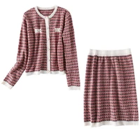 spring autumn womens knit set houndstooth cardigan mini skirt casual lady suit sweater sets short elegant female suits