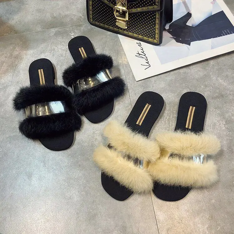 

2021 Trend Female Shoes Fur Slides Bundles Brown Furry Slippers Bulk Wholesale Women Outdoor Comfortable Soft Flurry Slides Shoe