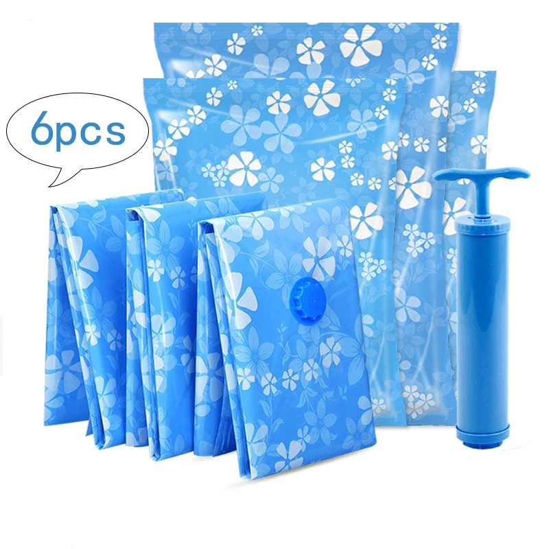 

6Pcs Vacuum Compression Bag Suction Pump Largecapacity Clothing Finishing Packaging Bag Thickened Moisture-Proof Storage Bag Blu