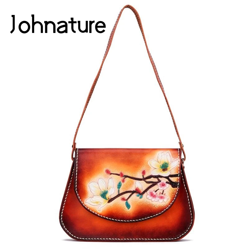

Johnature Chinese Style 2021 New Genuine Leather Women Shoulder Bags Handmade Carvings Retro Ladies Luxury Messenger Bag
