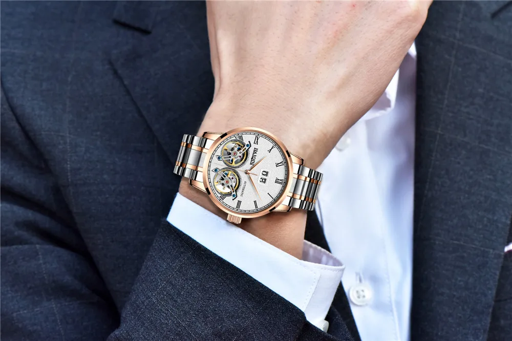 HAIQIN Men Mechanical Automatic Double Tourbillon Calendar Stainless Steel Wrist Watches Top Brand Luxury Military Male Clock