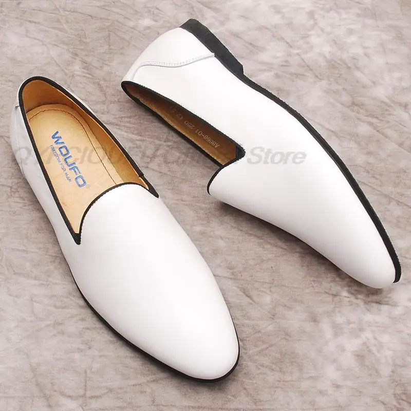 

Luxury Fashion Genuine Leather Men Loafer Shoes Black White Mens Casual Shoes Slip On Wingtip Wedding Party Dress Footwear