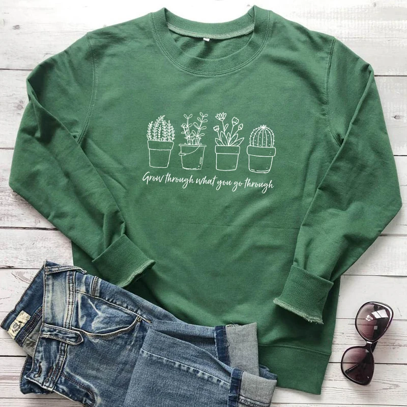 

Grow Through What You Go Through Cactus Sweatshirt Cute Women Graphic Inspirational Quote Christian Pullovers Sweatshirts