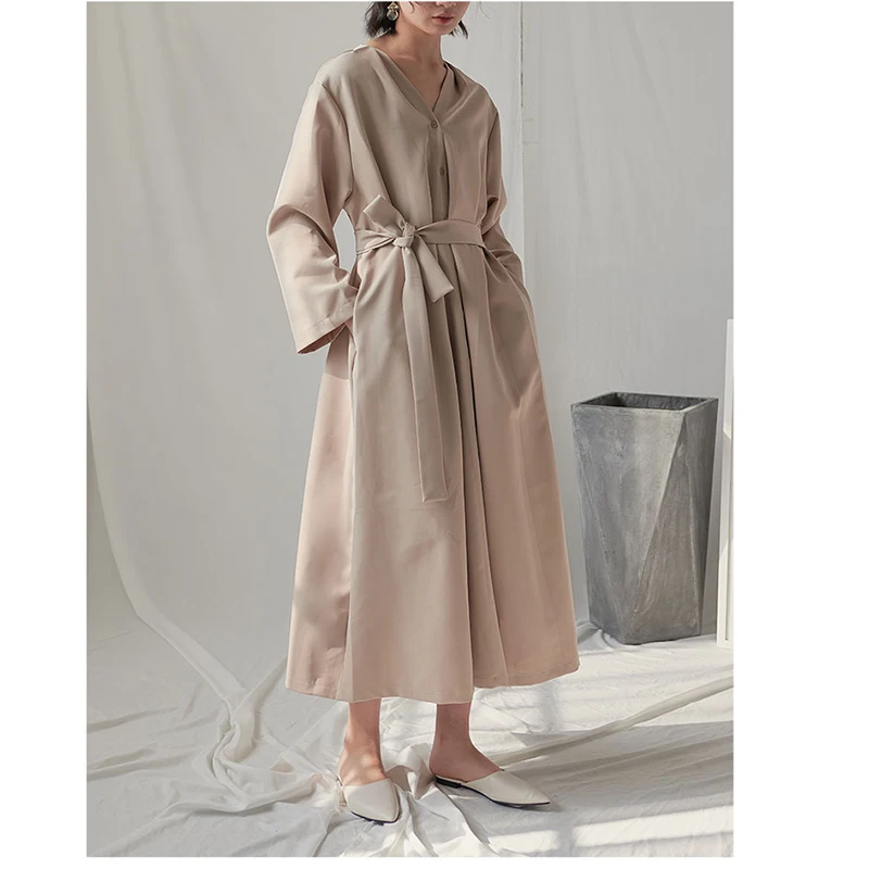 Женское свободное платье рубашка с длинным рукавом и поясом размера плюс макси