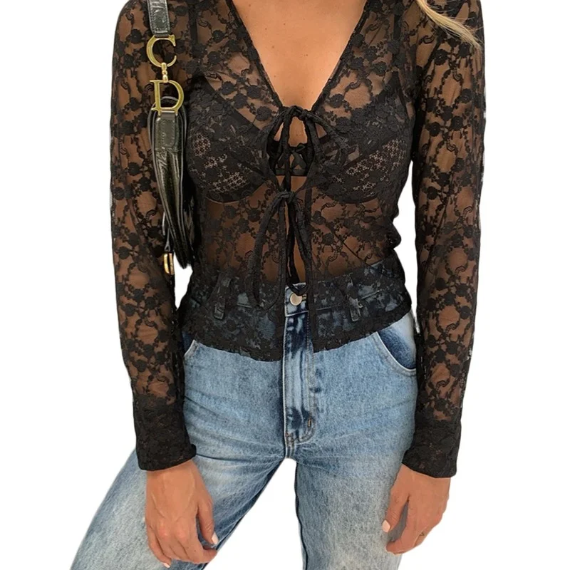 

Ladies Casual Sexy Hollow Mesh Top Lace-up Chest Belt Perspective Long Sleeve Underwear Ladies Lace V-Neck Cardigan Lace-up Top