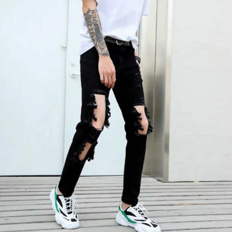 Men's jeans Spring/summer European-American beggar pants ripped pants men's slim skintight slacks hip-hop punk black hole pants