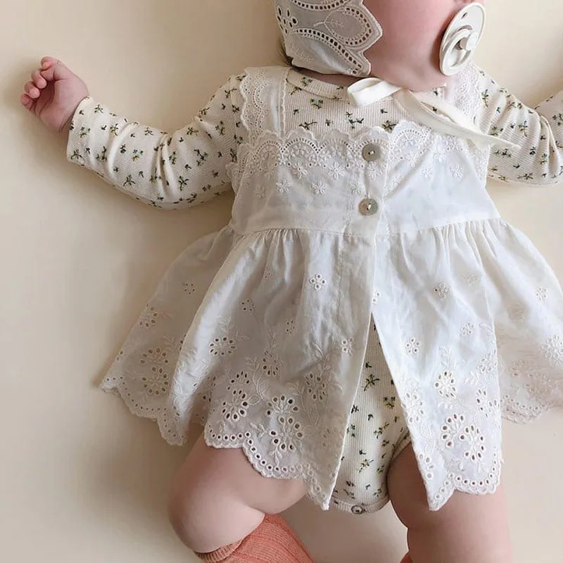 

Girls Boutique Clothes Set Baby Christening Clothing Suit Newborn Long Sleeve Cotton Rompers White Lace Dress Hat Infant Outfit