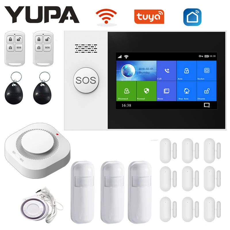 TUYA GSM WiFi Security Alarm System SmartLife App Control With Smoke Detector Door Sensor Smart Wireless 433MHz Home Alarm Kits