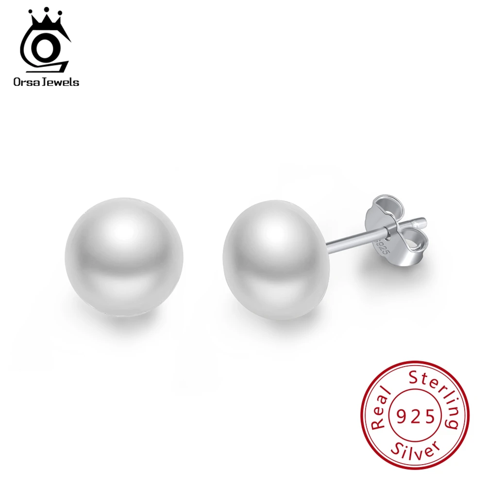 Silver- White Pearl ORSA JEWELS, женские серьги-гвоздики с натуральным пресноводным жемчугом, 8 мм, белый, розовый жемчуг, 925 пробы, серебро, Женские Ювелирные изделия для вечеринки RSE86 - Цвет камня: Silver- White Pearl