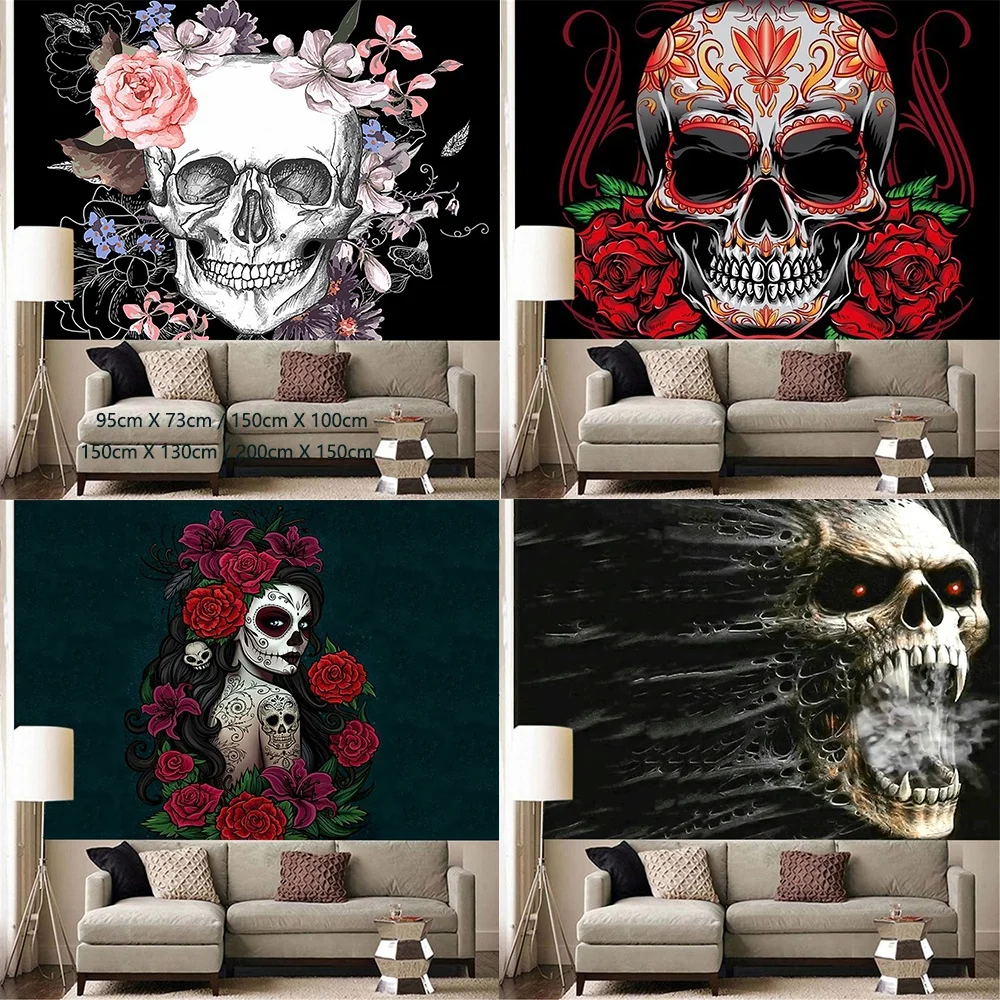 

Skull rose tapestry wall hanging beach carpet hanging cloth mountain big tapestry home decoration