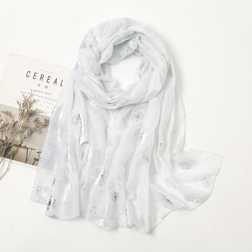 Весенний шарф с принтом одуванчика из серебристой фольги шали Длинный мягкий